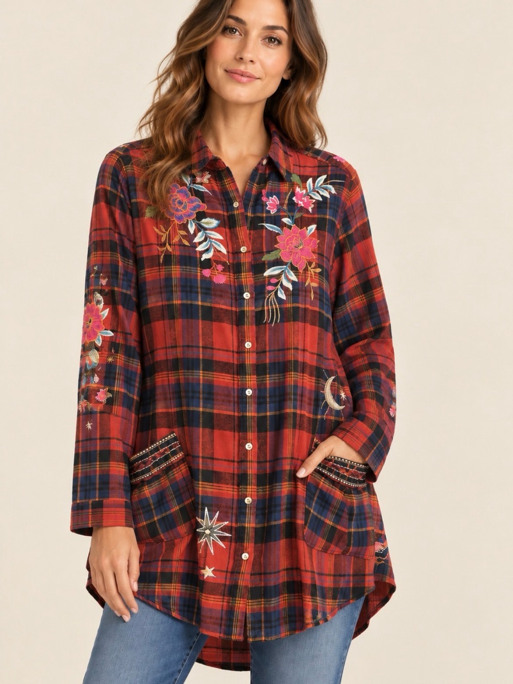 Johnny Was Cordelia Red Plaid Embroidered Tunic Shirt Small NWOT